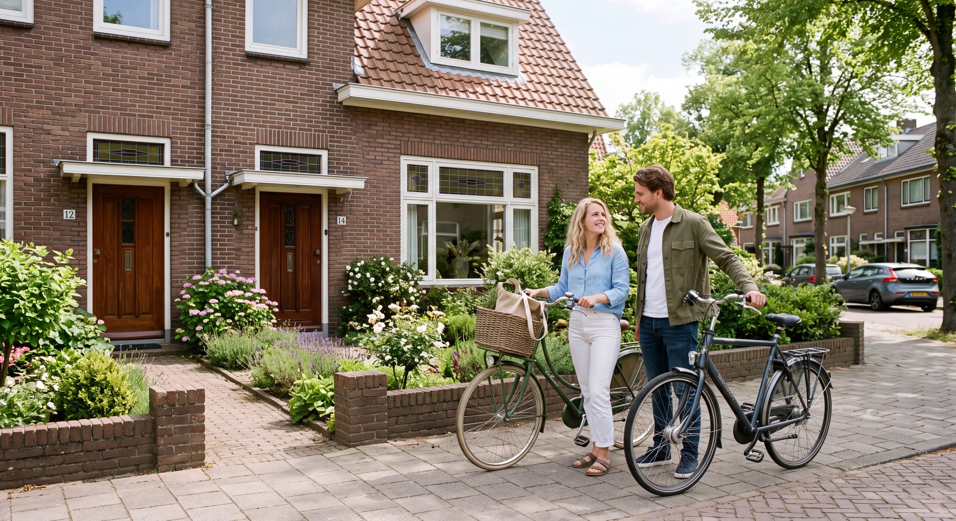 Stel met fietsen voor hun nieuwe woning