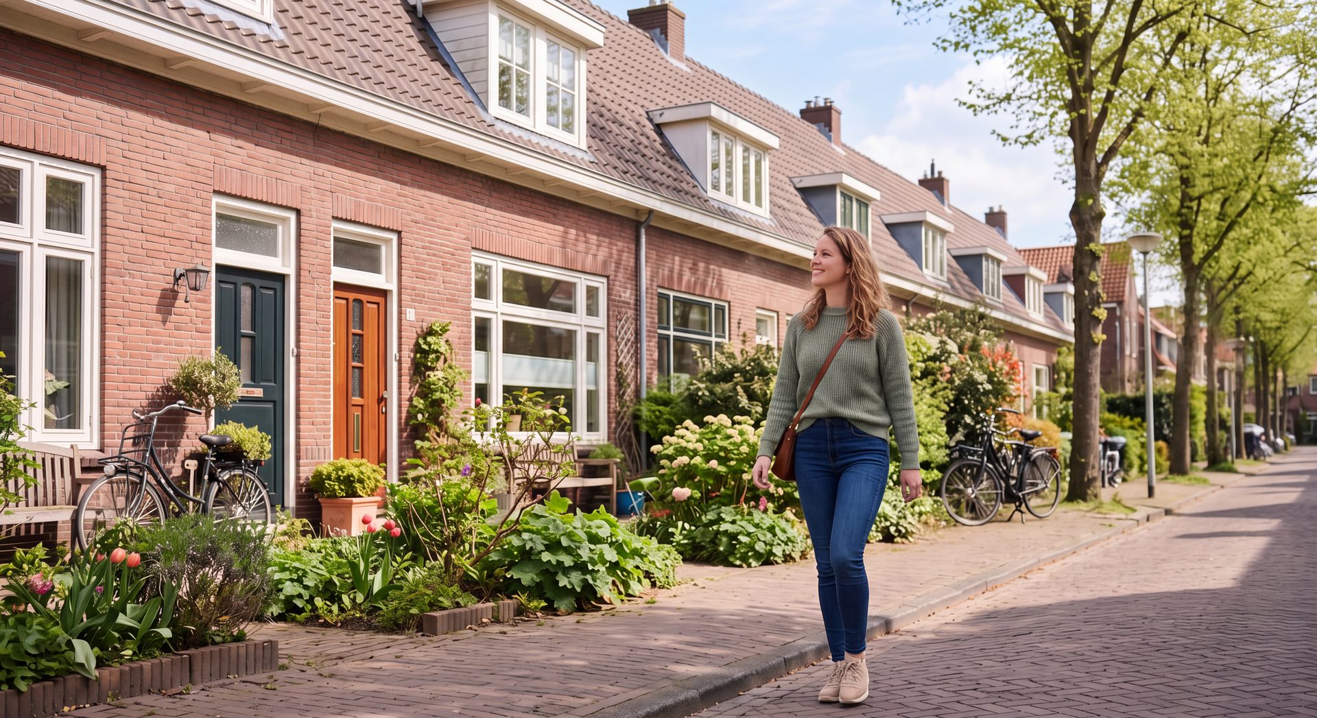 Vrouw wandelt langs woningen in een groene straat