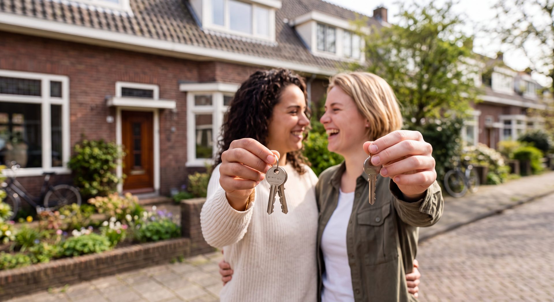 Twee blije huizenkopers tonen de sleutels van hun woning