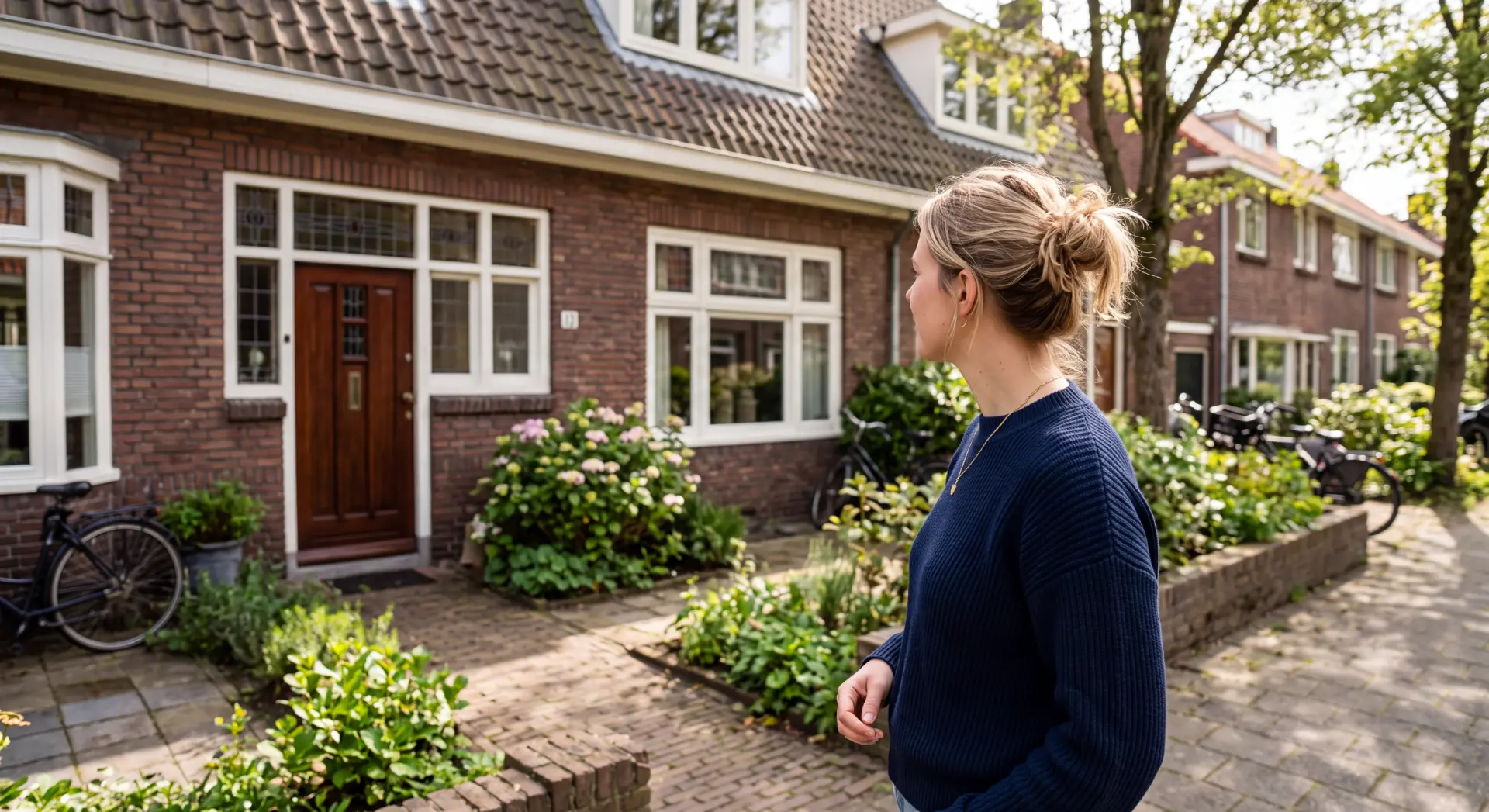 Vrouw bekijkt een woning in een Nederlandse straat