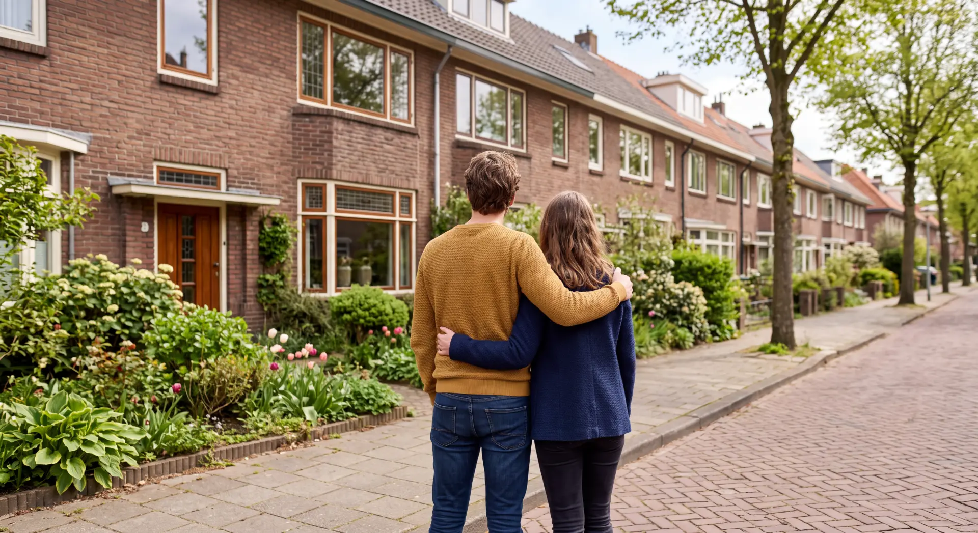 Stel kijkt naar een rijtjeshuis in een Nederlandse straat