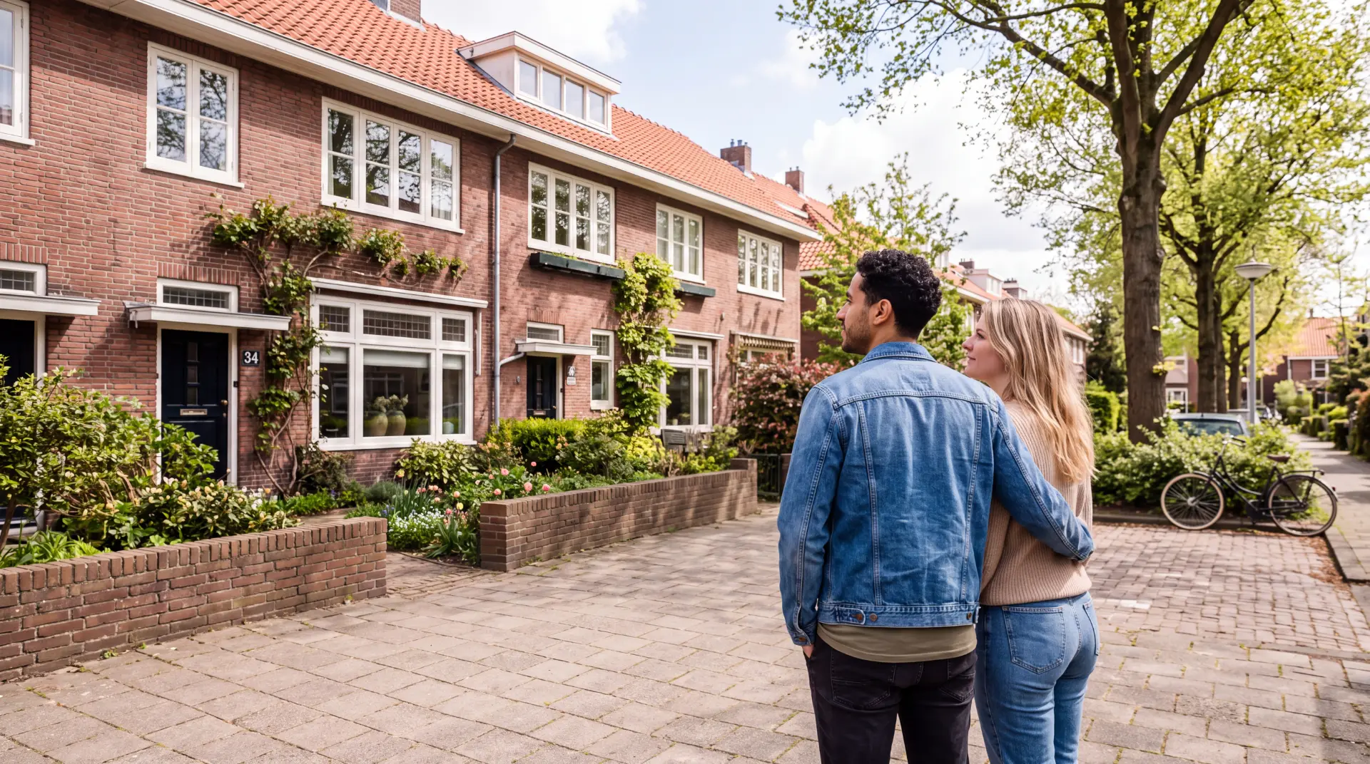 Stel bekijkt samen een woning in de straat